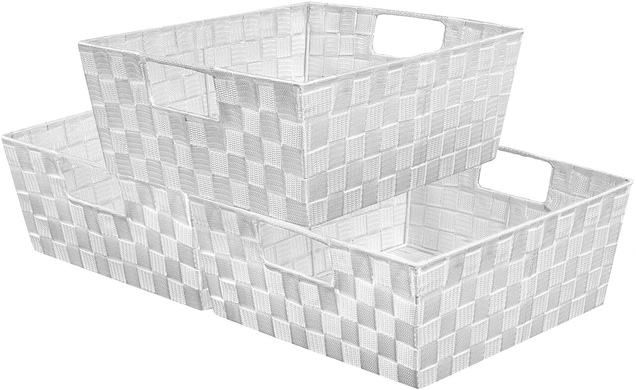 Sorbus Woven Basket Bin Set - Shelf Storage Tote Baskets for Household Items - Stackable with Woven Straps and built-in Carry Handles (3 Pack)